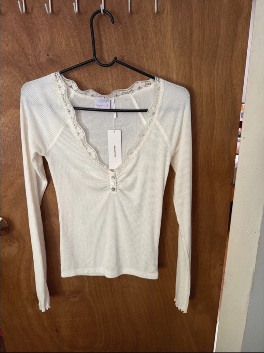 Urban Outfitters Cream Lace-Trim Ribbed Long Sleeve Top